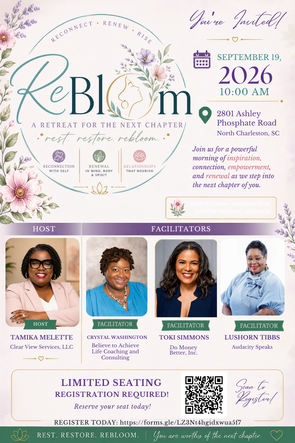 ReBloom event flyer for September 19, 2026 from 10:00 AM to 2:00 PM, 2801 Ashley Phosphate Road, North Charleston, South Carolina