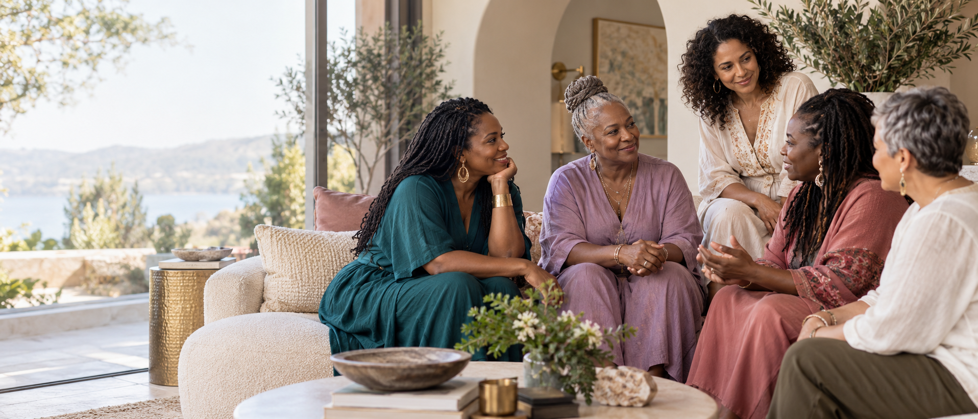 A group of women sharing a warm, meaningful conversation